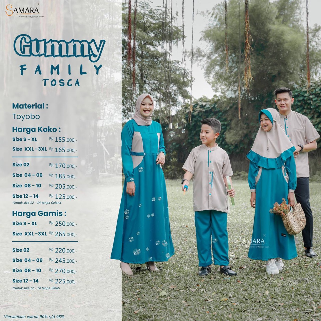 SERAGAM KELUARGA TOSCA GUMMY FAMILY ORIGINAL SAMARA GAMIS BAJU BUSANA MUSLIM WANITA BUSUI KOKO KEMEJA PRIA LENGAN PENDEK COUPLE ANAK LAKI-LAKI PEREMPUAN BAHAN KATUN TOYOBO WARNA HIJAU BIRU POLOS JUMBO BIG SIZE SARIMBIT KONDANGAN LEBARAN PENGAJIAN COD