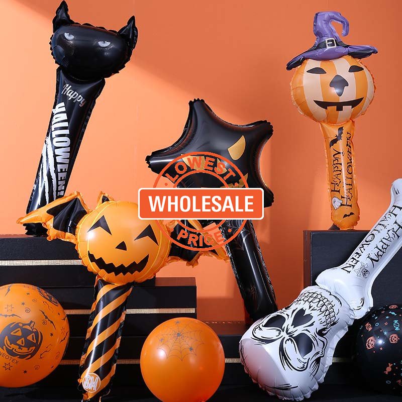 [ Wholesale ]Halloween Atmosphere Creation Tool Devil Spider Pumpkin Pattern Inflatable Wand Balloon Halloween Handheld Balloon Aluminum Film Balloons Home Halloween Party Supplies