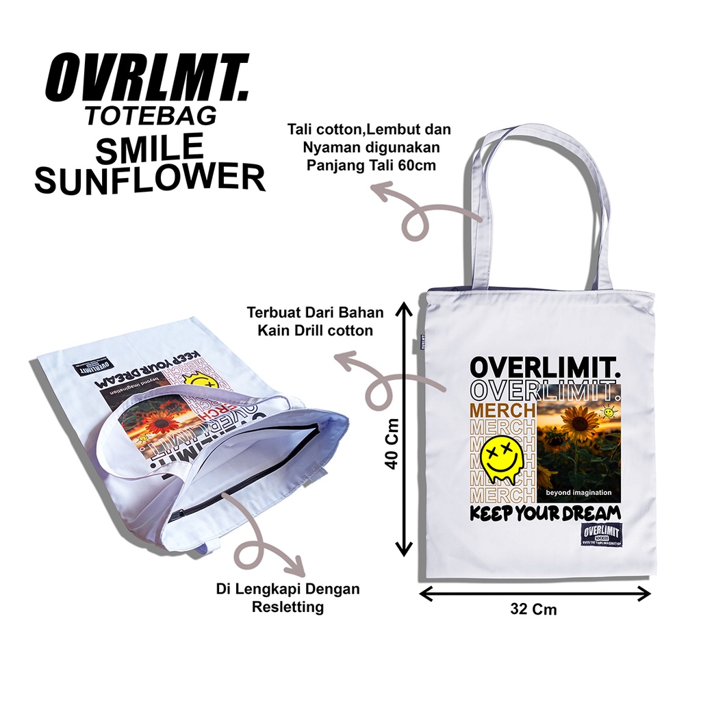 OVERLIMIT SMILE SUN FLOWER TOTEBAG | TAS | TOTE BAG | RESLETING | ZIPPER BAG