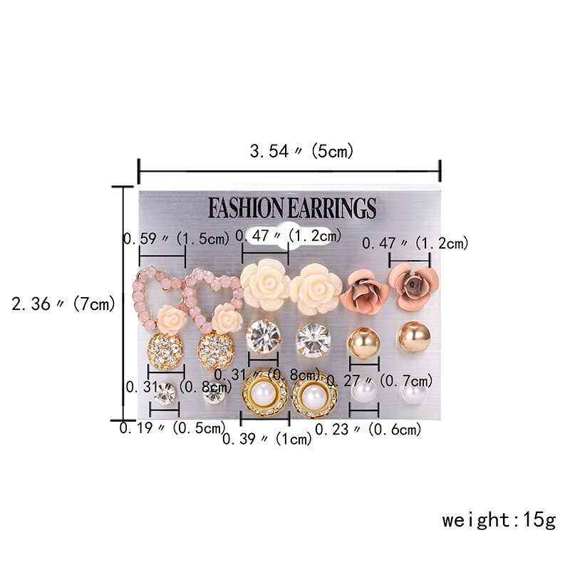 9 Pcs Anting Stud Desain Bunga Aksen Mutiara Berlian Imitasi Untuk Wanita