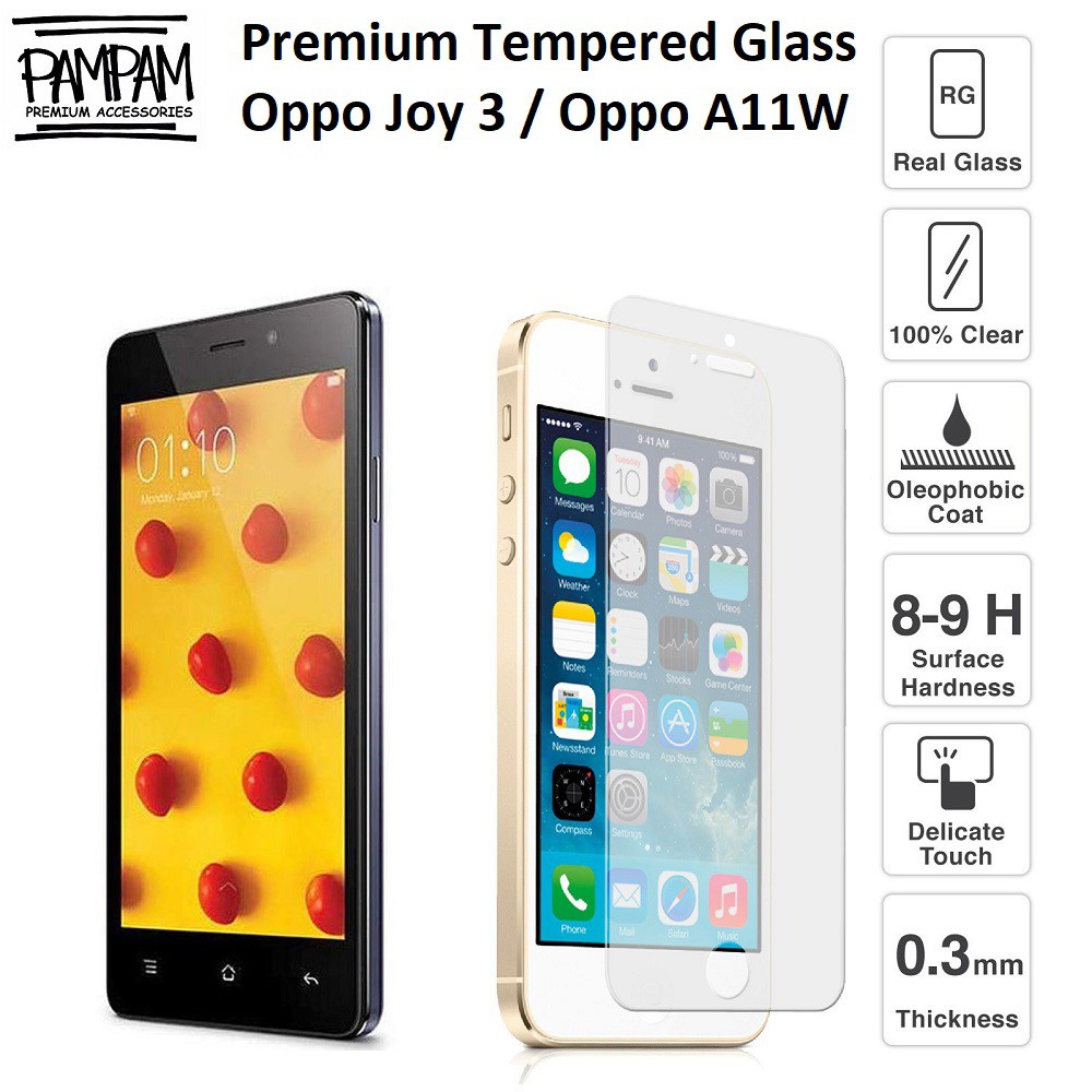 Premium Tempered Glass Oppo Joy 3 A11W 9H HP Anti Gores Layar Handphone Screen Guard Protector