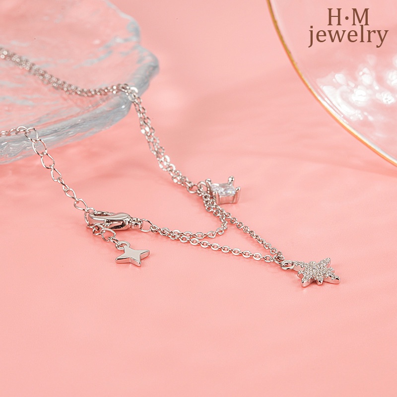 2022 Kalung Rantai Clavicle Simple Dua Lapis Dengan Liontin Bintang + Berlian Imitasi Untuk Wanita