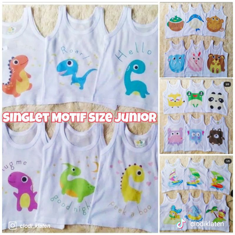 Kaos Dalam Anak SINGLET Kutung Karakter Size JUNIOR Putih Motif Usia 2 sd 6 Thn