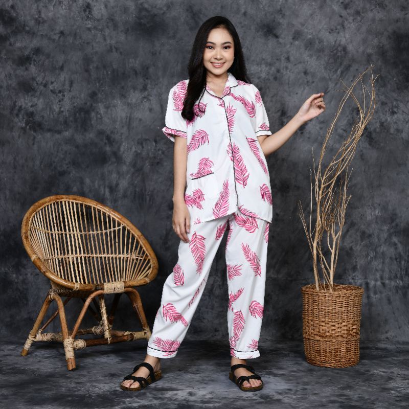 Baju Tidur Piyama Wanita Dewasa Motif Mocca Daun CP Lengan Pendek Celana Panjang Kekinian