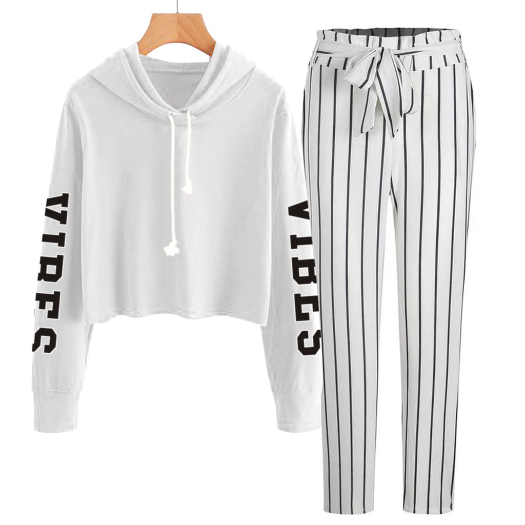 BESS - Baju Setelan Wanita Murah / Setelan Hoodie Crop + Celana Salur Putih - VIBE TANGAN