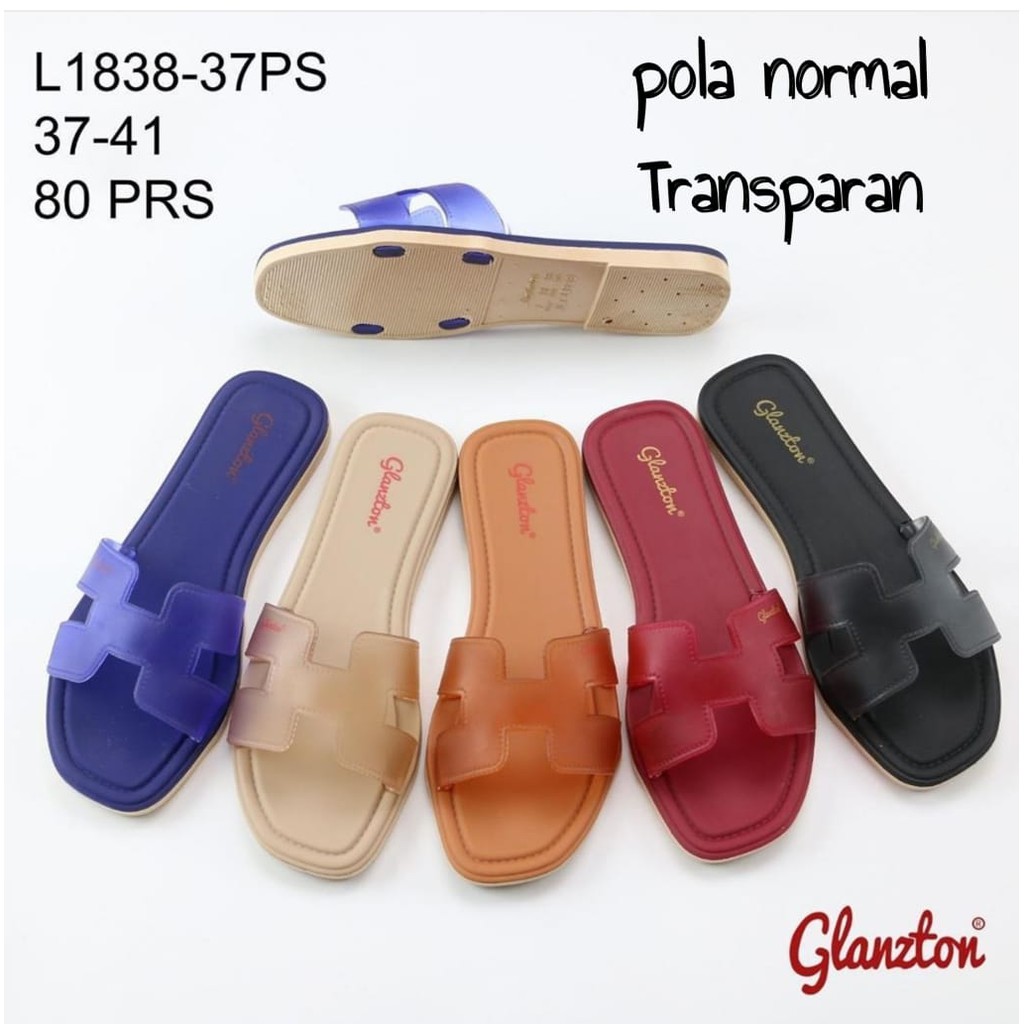  Sandal  Jelly  H Flat Transparan Sendal Wanita Merk Glanzton  