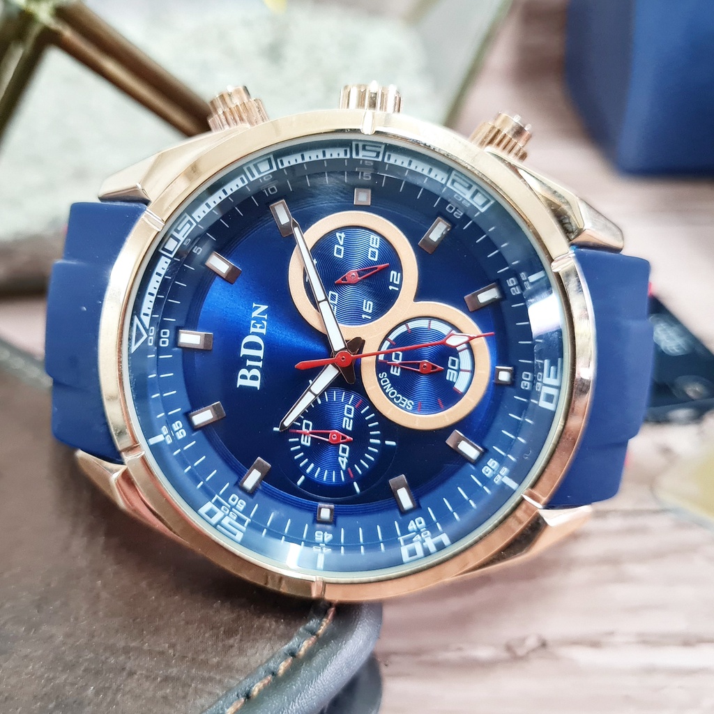 (COD) Jam Tangan Pria Original BIDEN Turbo Blue Navy Gold Tali Karet Rubber Silikon Chrono Aktif Ana