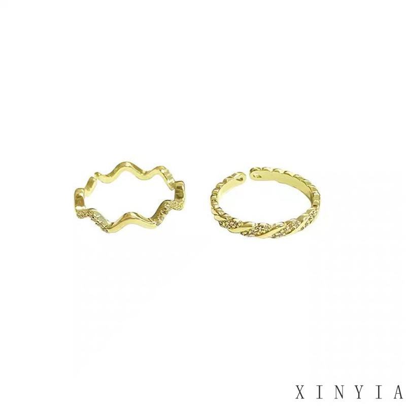 【Bayar di tempat】2pcs / Set Cincin Model Terbuka Adjustable Desain Ombak Hias Berlian Untuk Wanita