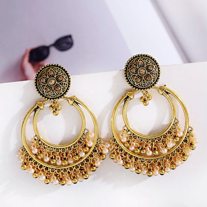 Anting Rumbai Manik-Manik Mutiara Bentuk Bulat Warna Silver Gaya Retro Indian Jhumka Untuk Wanita
