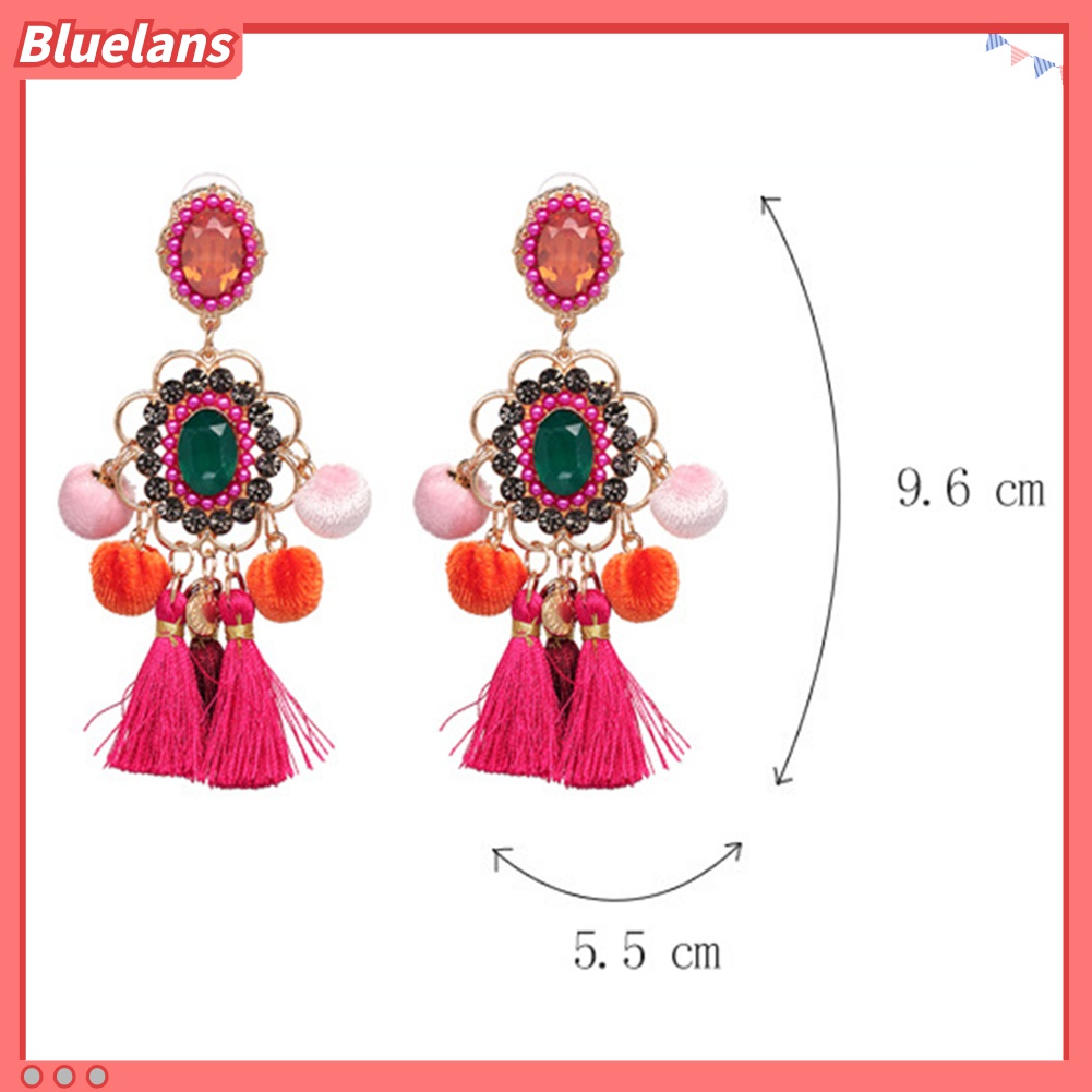 Anting Stud Tassel Pompom Bunga Berlian Imitasi Untuk Wanita