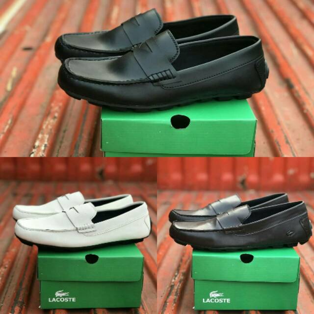 SEPATU FORMAL SANTAI LACOSTE SLIP ON PRIA ORIGINAL KULIT WARNA PUTIH, HITAM, COKLAT NYAMAN DI PAKAI