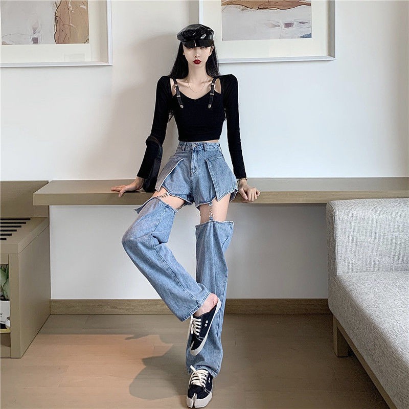 Suhao Celana Jeans Wanita Straight Slip Pants Musim Semi Desain Baru Dua Arah Dilepas Celana Pendek