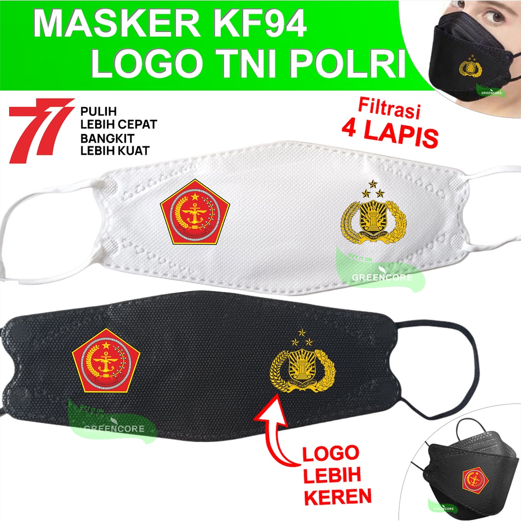 Masker tni polri terbaru polisi tentara militer pdl kf94 4 ply lapis 3d logo convex model evo kesehatan warna hitam putih wajah dewasa brimob tni AD AL AU ABRI paspampres bintara tamtama casis pns guru face mask earloop kf 94 non kn95 hijab kain grosir