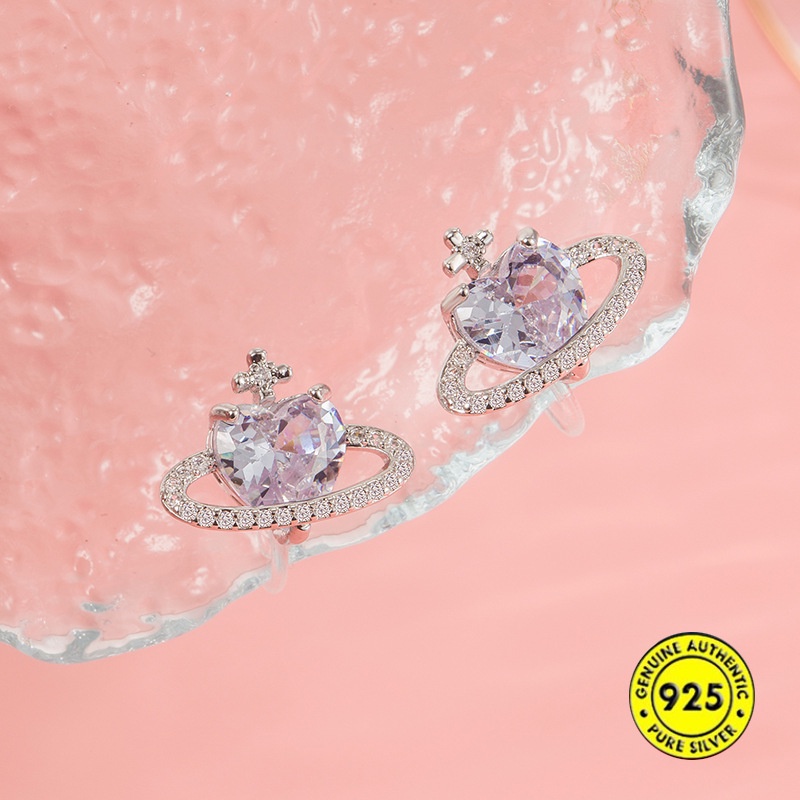 Anting Stud Zircon Bentuk Hati Bahan S925 Silver Untuk Wanita