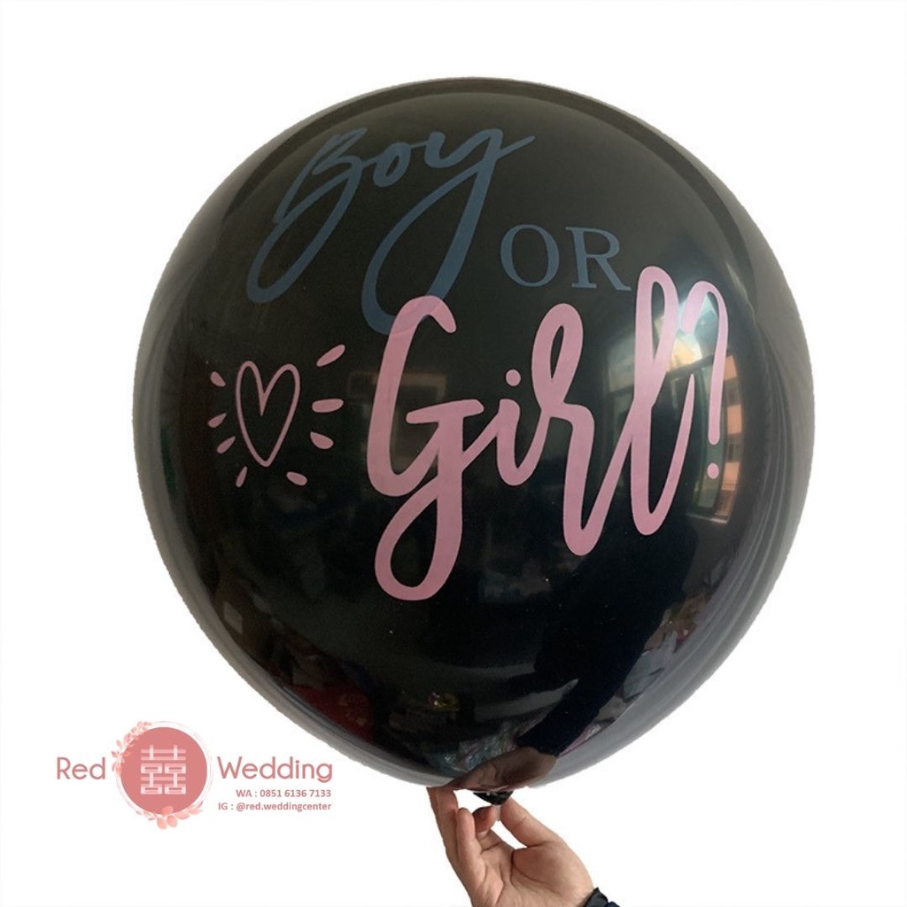 Paket Balon Hitam Gender Reveal dengan tulisan Boy or Girl termasuk isian tabur