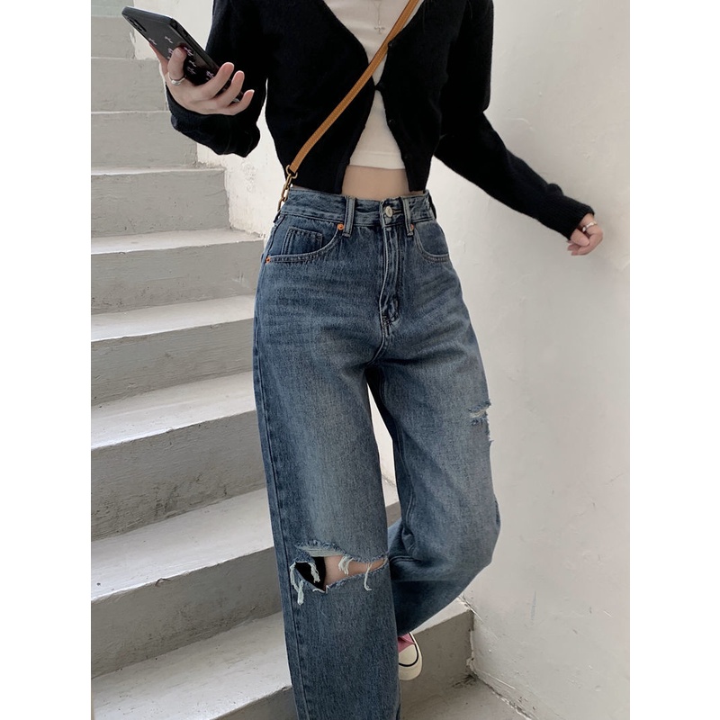 ✅COD new celana jeans panjang wanita high waist sobek