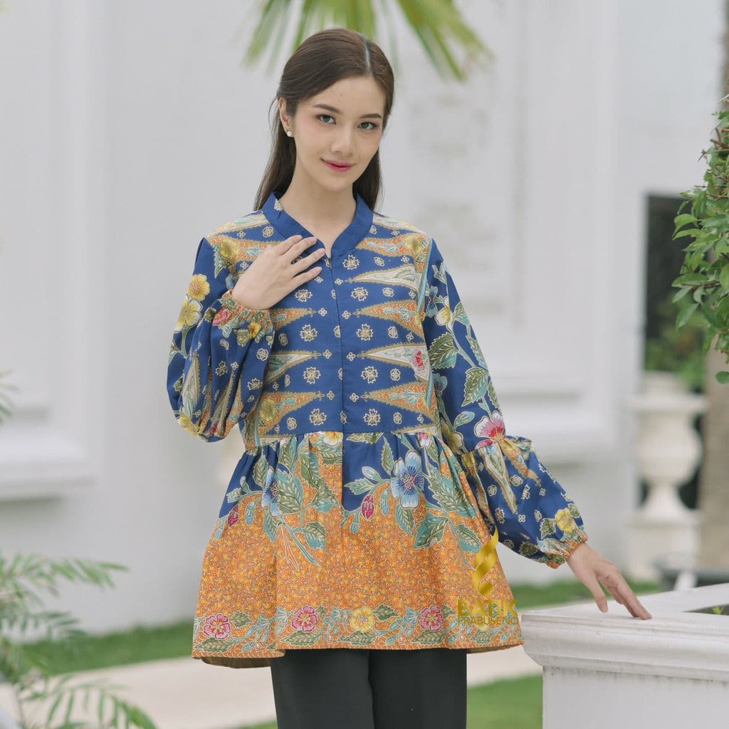 Kayla Biru Atasan Tunik Batik Wanita  Prabuseno Ori Busui Lengan Panjang Katun Printing Hand Made La