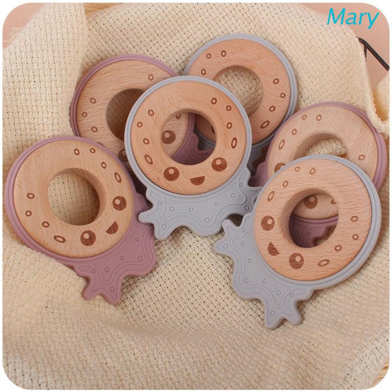 Mary Mainan Teether Silikon Bentuk Gurita Kartun Dengan Ring Kayu Untuk Bayi