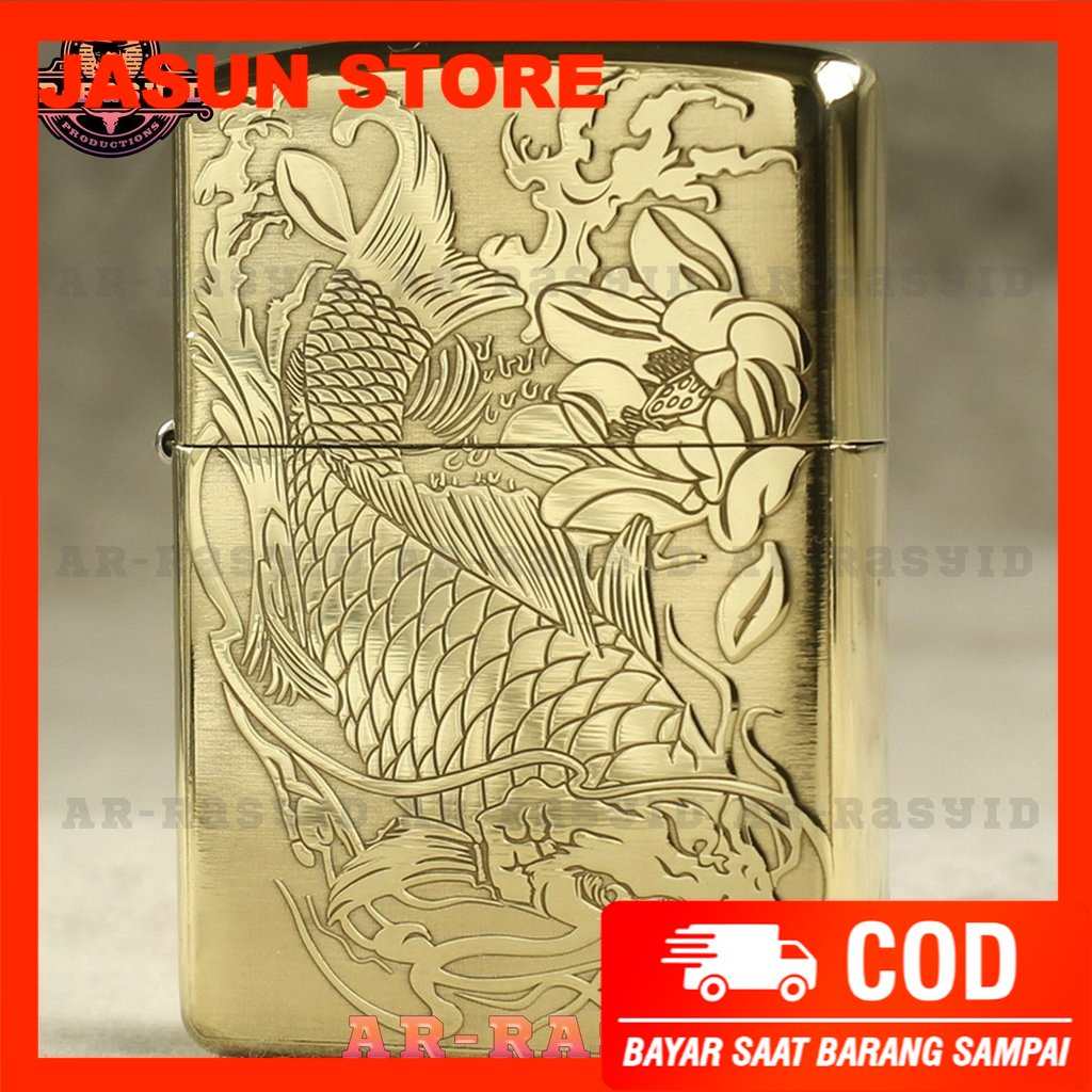 Korek Api Minyak Zippo Gold Ukir Motif Ikan Fish 168 3962-9