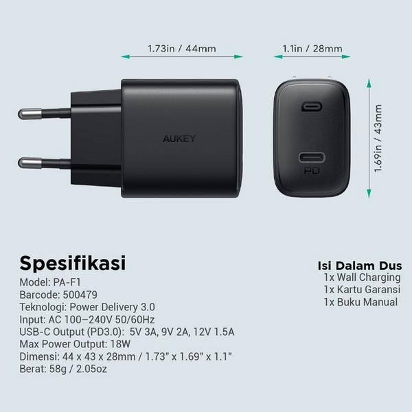 Aukey Charger Iphone Charger Samsung 18W Ultra Compact PD NewWWWWWWWWWWWWWWWW