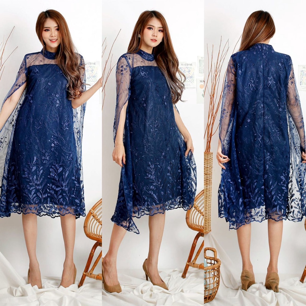 (Pasti RealPict) Dress Gretha Brukat Tile Bordir Gliter Tulle Brokat Dres Pesta Mewah Tille Murah