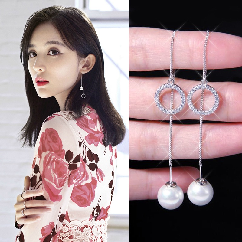 Dongdaemun sederhana anggun Korea Panjang lingkaran zircon pearl stud earrings gadis anti alergi ant