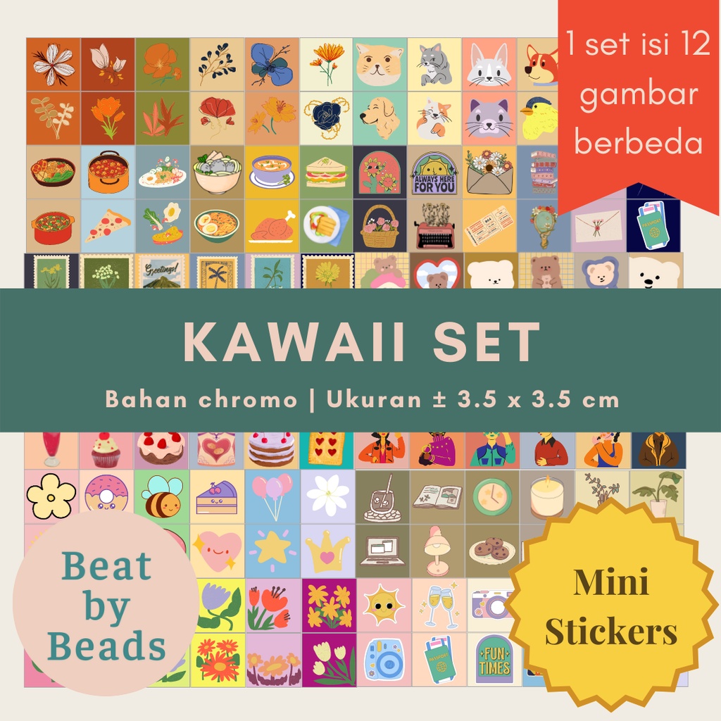 

Kawaii Sticker Set | 12 Pcs/set | Stiker Kotak Kecil Aesthetic Tumblr Kawai Lucu Untuk Journalling Bujo Deco Freebies Gift Seal | BeatbyBeads