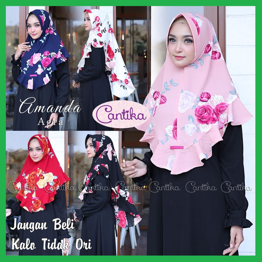 Amanda Agra ✅ Hijab Khimar Instan Ammanda / Kerudung BubblePrint Instan With Pet Motif Bunga Merah