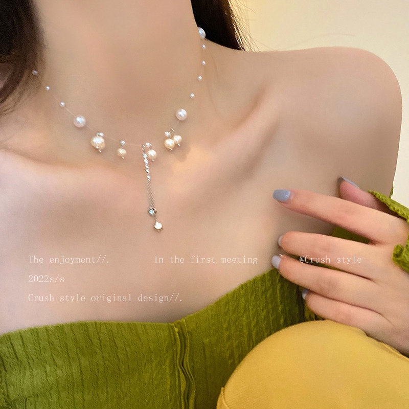 Kalung Rantai Tali Pancing Hias Kristal Mutiara Gaya Korea Untuk Wanita