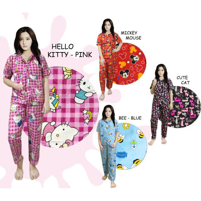 PIYAMA WANITA DEWASA SET model KANCING + CELANA PANJANG BAHAN KATUN DINGIN