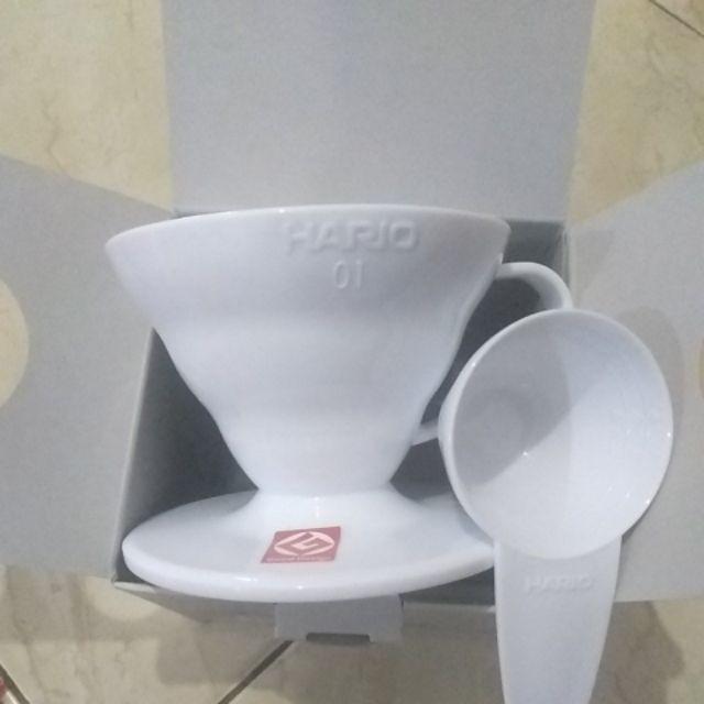 Hario Set V60 Coffee Dripper 01 White & Paper 01 White Isi 40