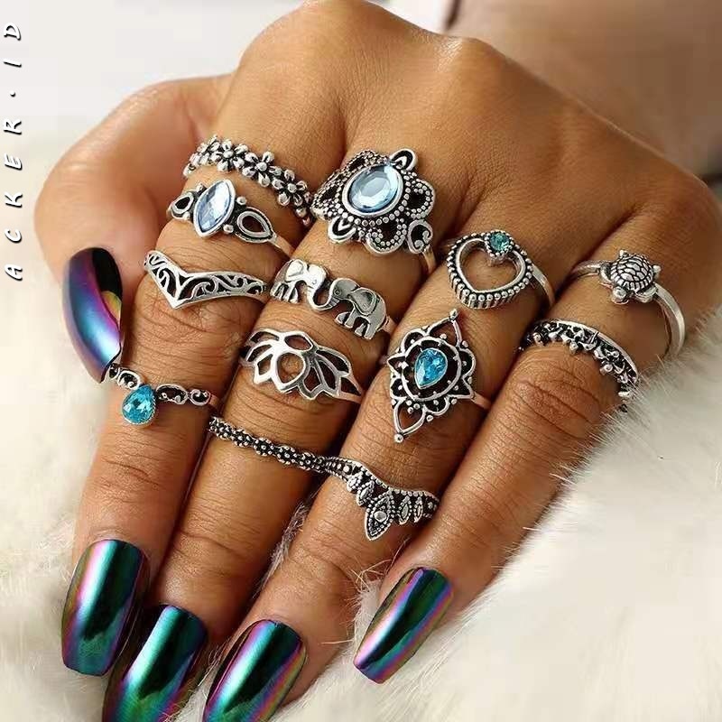 [ACKER] 13 Pcs/set Elephant Turtle Set Cincin Mahkota Kristal untuk Wanita Lotus Heart Midi Knuckle