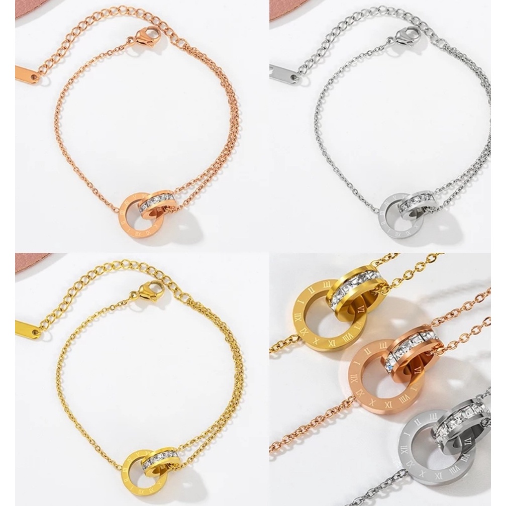 Gelang Rantai Titanium Bvlgr Huruf Romawi Two Rings Kristal Tersedia Warna Rose Gold, Gold dan Silver