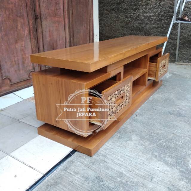 Meja Tv minimalis lemari pendek hias pajangan ruangan kayu jati Jepara
