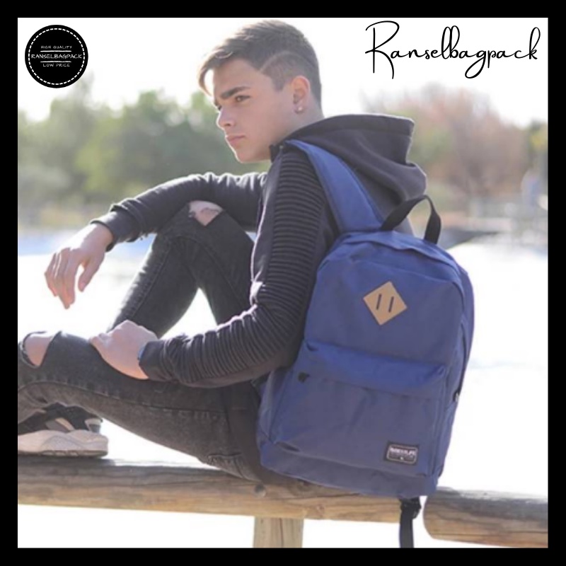 Tas Ransel Backpack Punggung Pria Wanita Sekolah Distro Polos Murah Terbaru Cewek Cowok Pria Wanita-Navy Spon