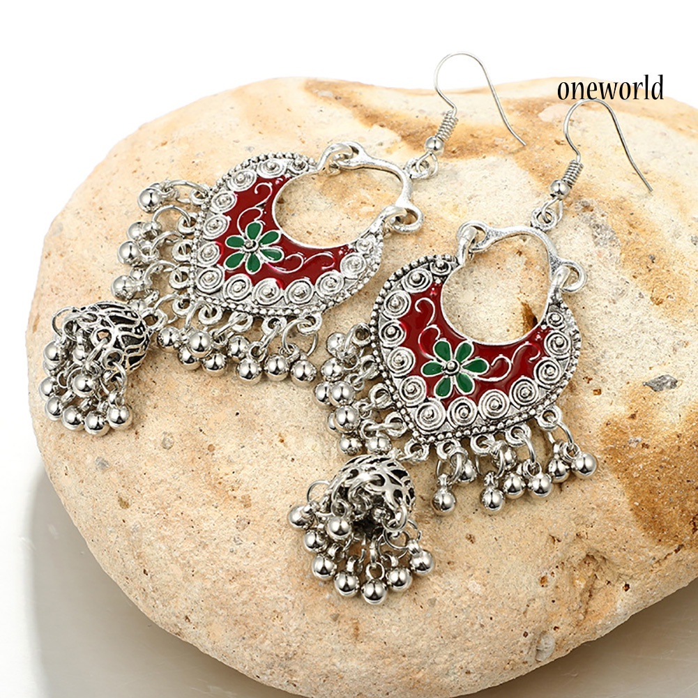 OW@ Retro Bohemian Women Flower Round Balls Tassel Dangle Hook Earrings Jewelry