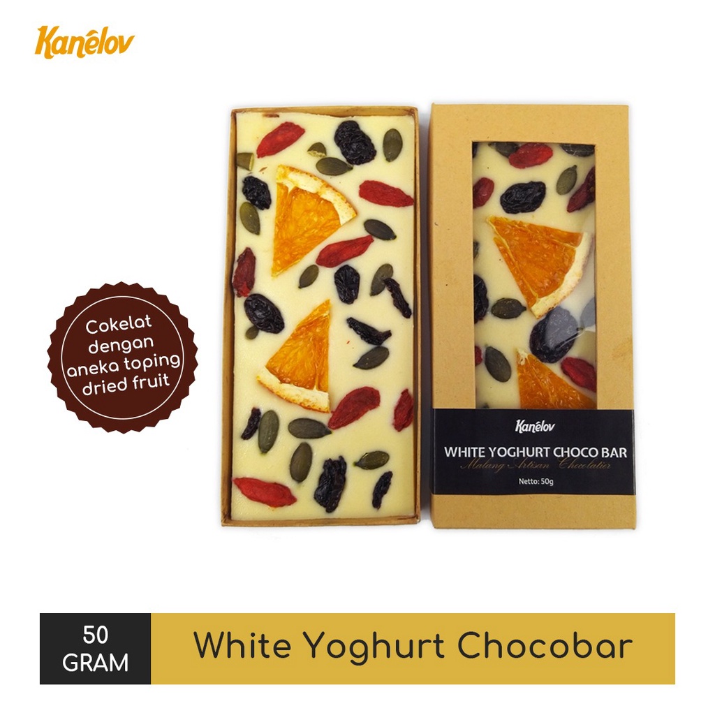 

Kanelov White Yoghurt Chocolate Bar dengan topping buah kering