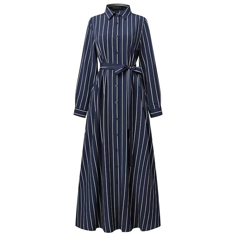 ZANZEA Women Long Sleeve Lapel Collar Belted Striped Muslim Long Dress