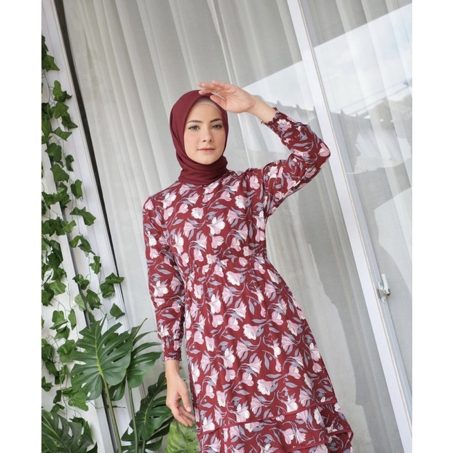 Ounadoutfit Tulip dress wanita cantik turtleneck busui rample / dress muslim motif / baju rayon busui / homedress bunga