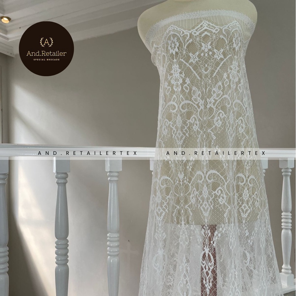 Bahan Kebaya Brokat Semi France Lace Chantily Shantily Katun Per panel 2,5m Warna White Putih