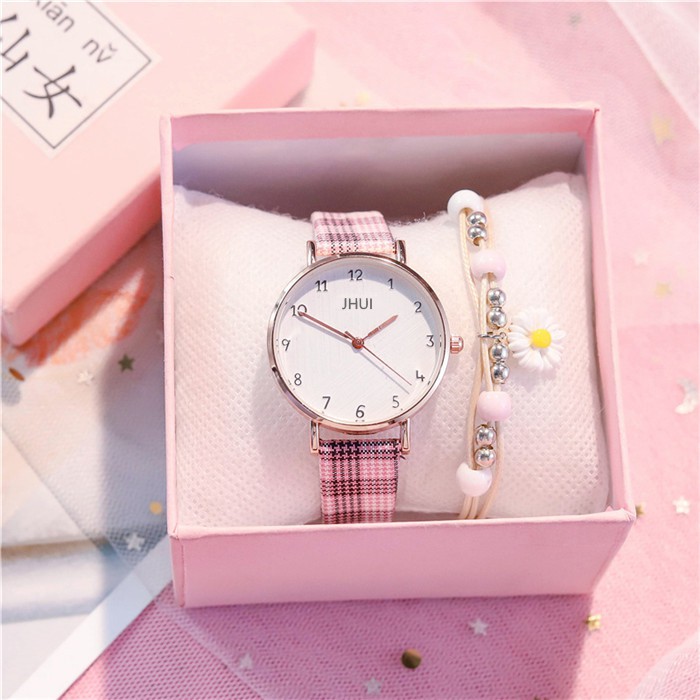 Jam Tangan Analog Wanita Quartz Strap Pu Leather Motif Kotak-Kotak Fashion Wanita Korean Watch-40-8 Pink