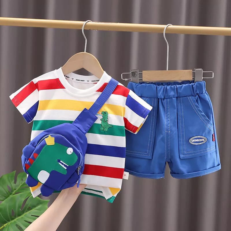 [COD] Setelan pendek anak laki laki usia 5 Tahun / baju bayi pendek Motif Rainbow Dino GRATIS TAS DINO Impor/Ananakstore