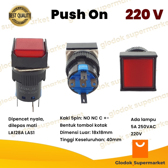 Switch Push On Lampu 5 Pin Saklar Kotak 5pin LED Tombol 220V LA128A