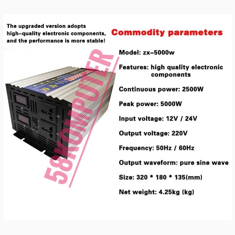 Inverter Dc Ke Ac Psw DC 12V/24V to AC 220V 5000W 2 USB Port LED PURE SINE WAVE