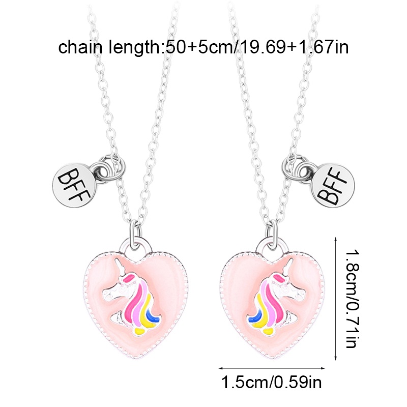 2pcs / Set Kalung Rantai Dengan Liontin Unicorn Hati Warna-Warni Untuk Hadiah Persahabatan