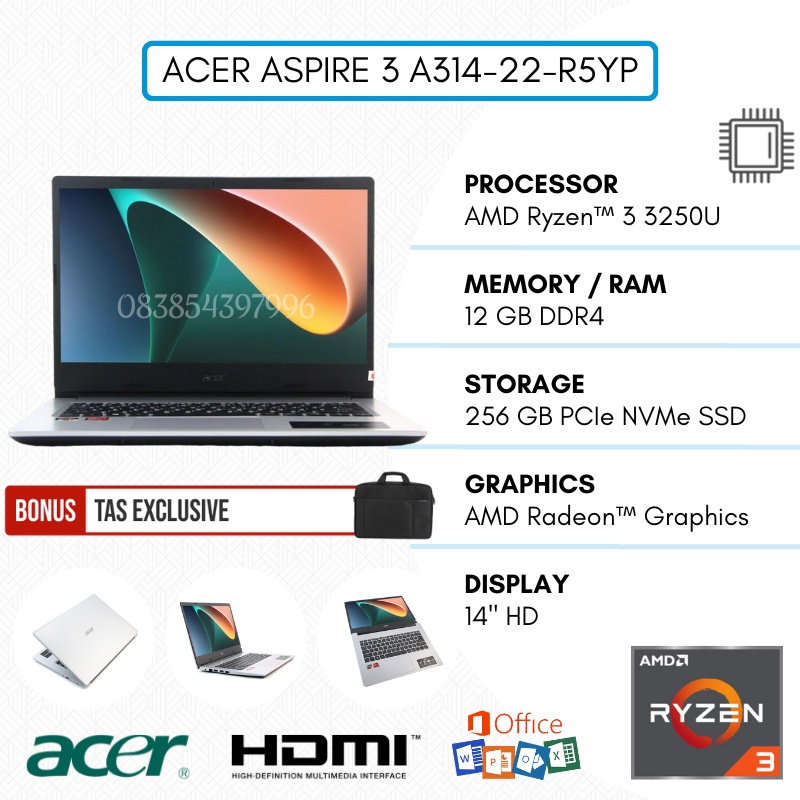 ACER ASPIRE 3 SLIM A314-22-R5YP [14"HD/AMD RYZEN 3 3250U/12GB/SSD 256GB/FREE INSTALL WINDOWS 11/SILVER] - GARANSI 1 TAHUN+