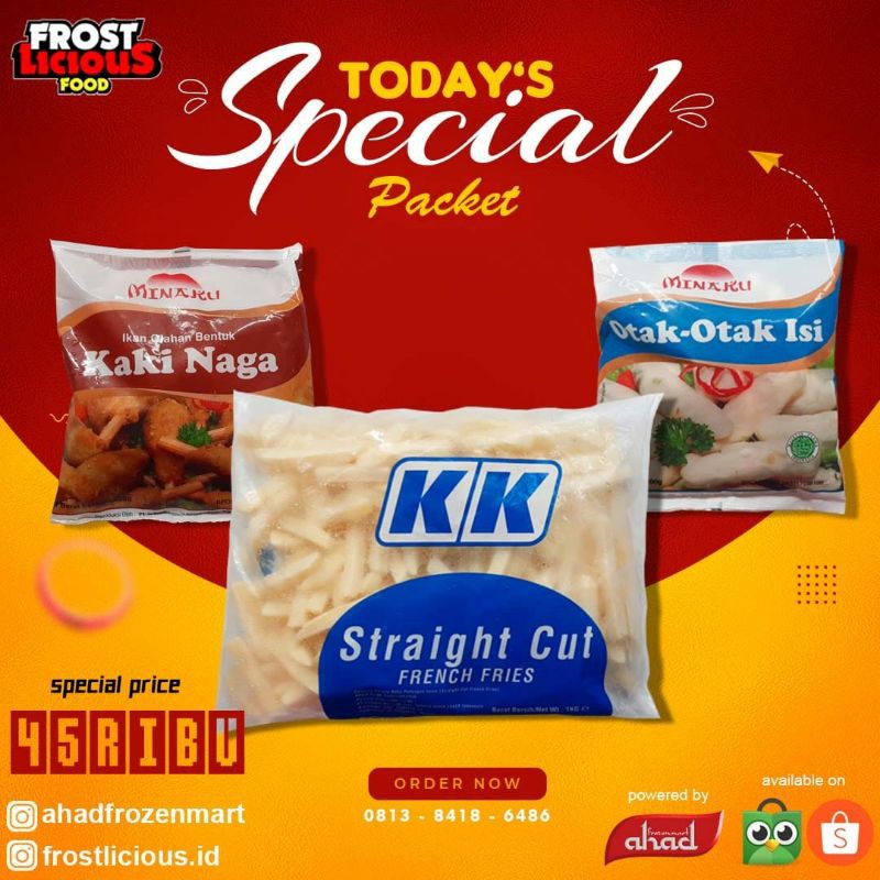 

Paket Hemat Spesial Frozen Food - KK French Fries Kentang Minaku Otak otak Kaki Naga 200gr