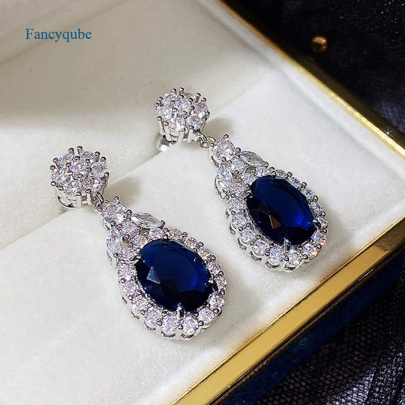 Fancyqube Anting Dangle Cubic Zirconia Biru / Putih Untuk Wanita