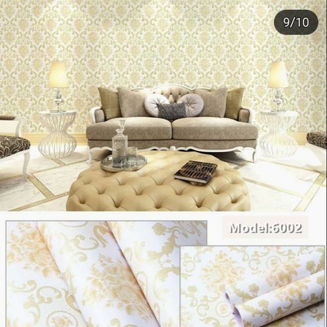 WALLPAPER DINDING MOTIF BATIK KUNING DASAR PUTIH