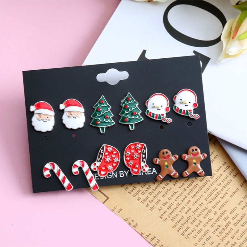 6 Pasang Anting Desain Santa Claus Snowman Dan Pohon Natal